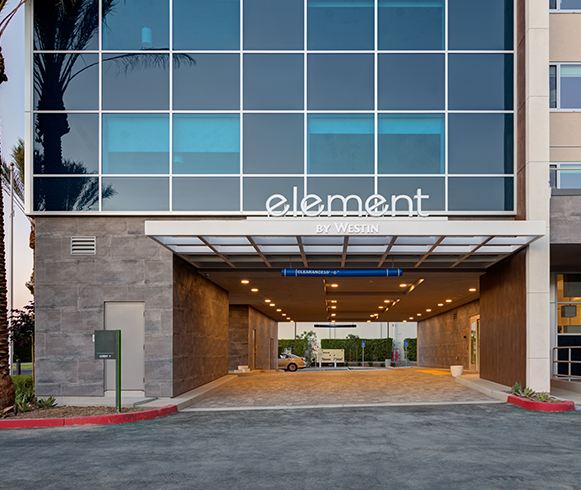 Exterior view of entrance of the Element Hotel Irvine