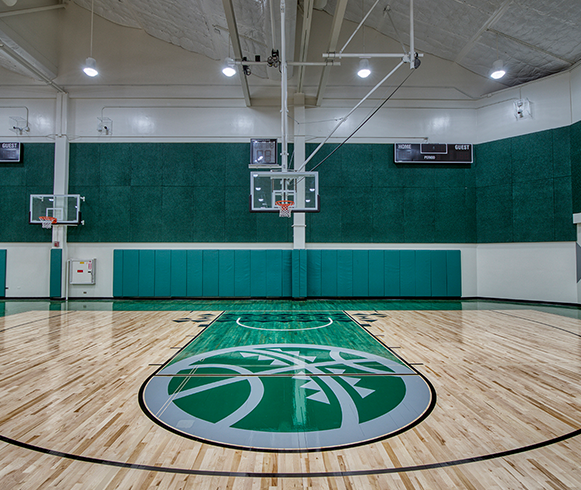 Interior view of basketball court at the Gymnasiums at University of Hawaii, Manoa