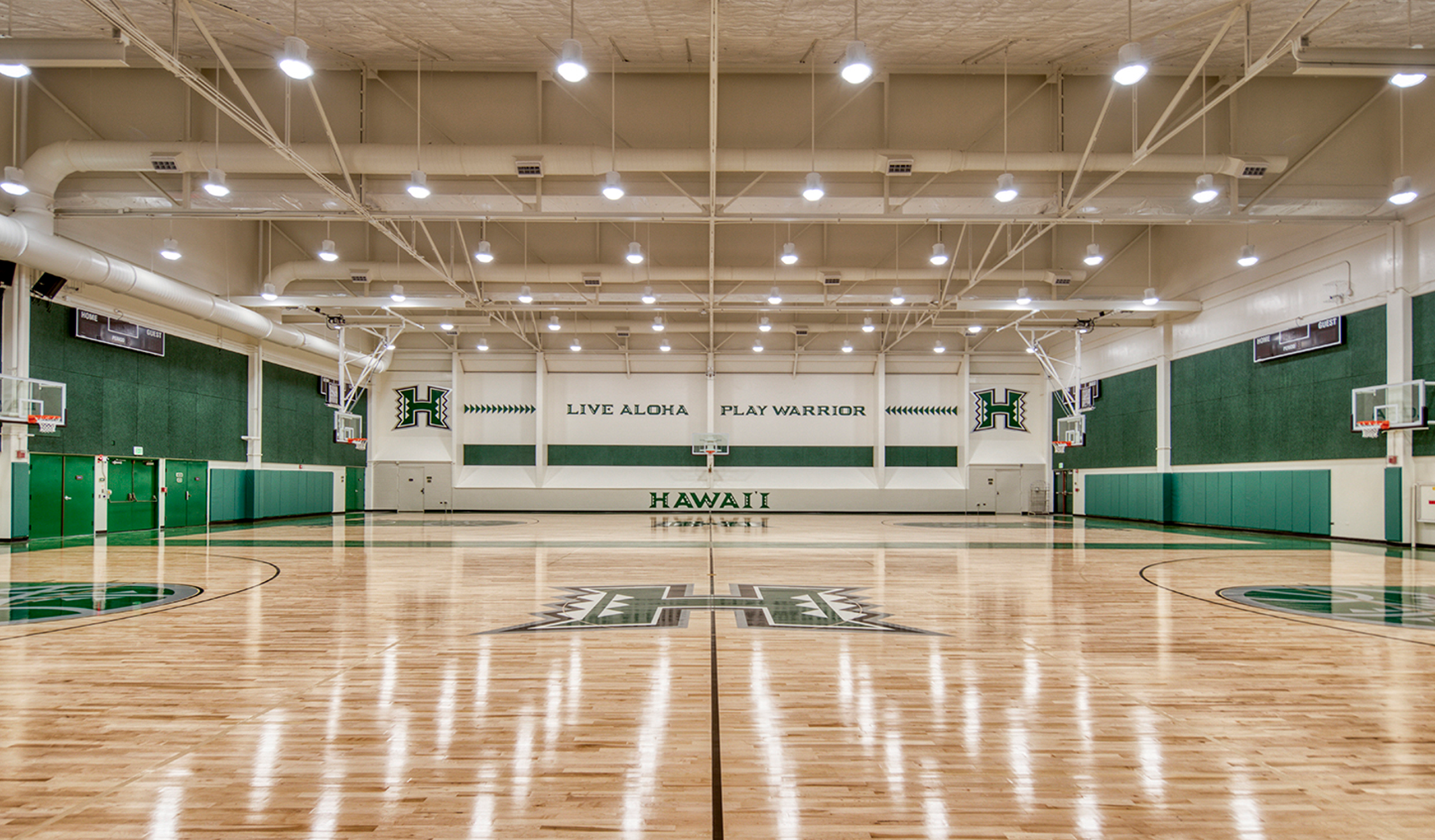 Wide angle view of two basketball courts at the Gymnasiums at University of Hawaii, Manoa