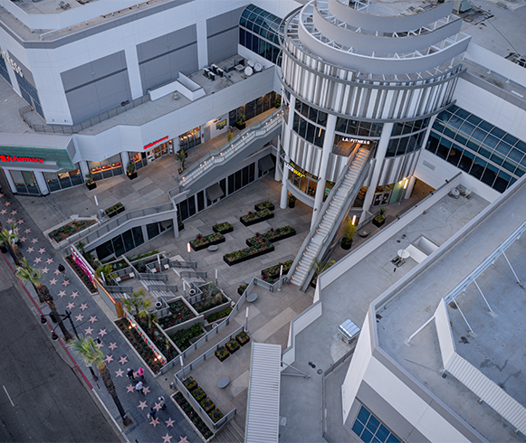 Exterior drone view of the Hollywood Galaxy Mall