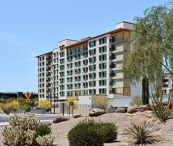 Wide angle exterior view of facade at Hyatt Place Scottsdale North
