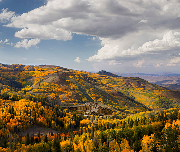 High altitude drone view of Montage Deer Valley showing colorful landscape