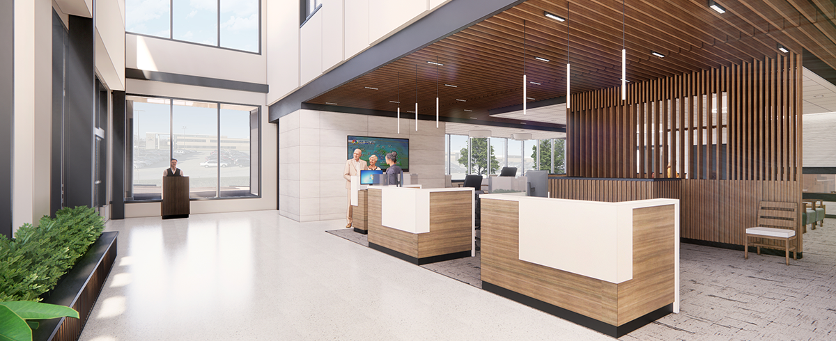 Interior rendering of the reception area of the Monument Health Rapid City Hospital
