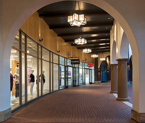 Exterior view of shopping displays at the Outlets at San Clemente