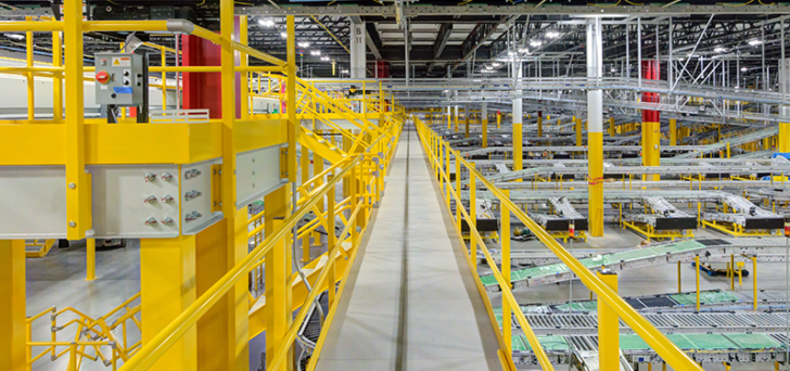 Interior of the Automated fulfillment center with long catwalks and conveyor belts