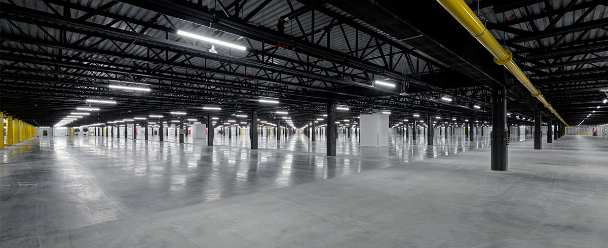 Wide angle interior view of the Automated Robotics Fulfilment center