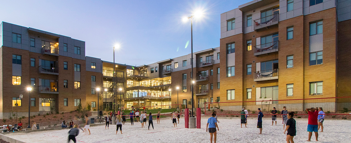 Exterior view of volleyball courts at the Campus View Suites at Utah Tech University