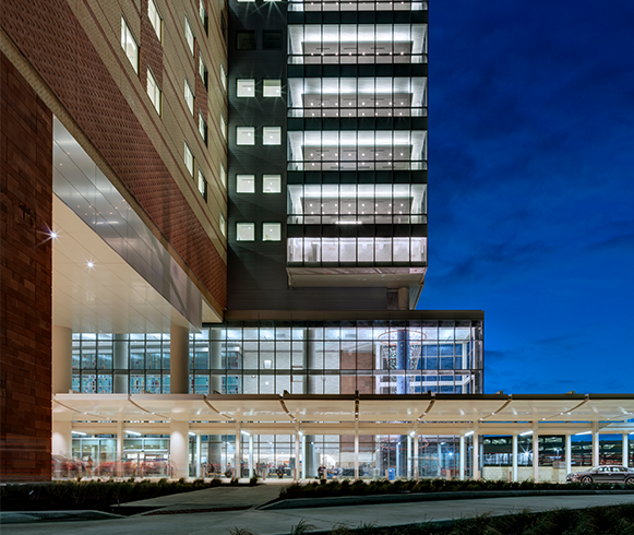 Exterior view of entrance to the University Hospital, Sky Tower Campus Expansion