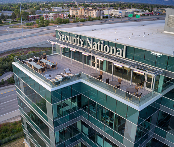 Exterior drone view of balcony at the Security National Building at 5300 Center