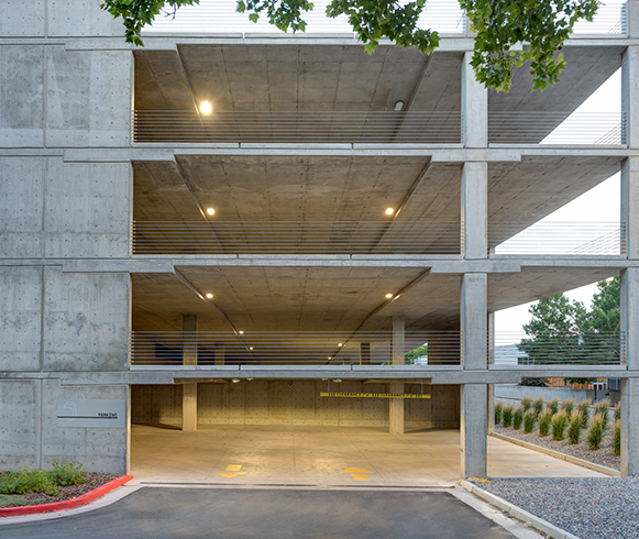 Exterior view of the parking garage at Center 53