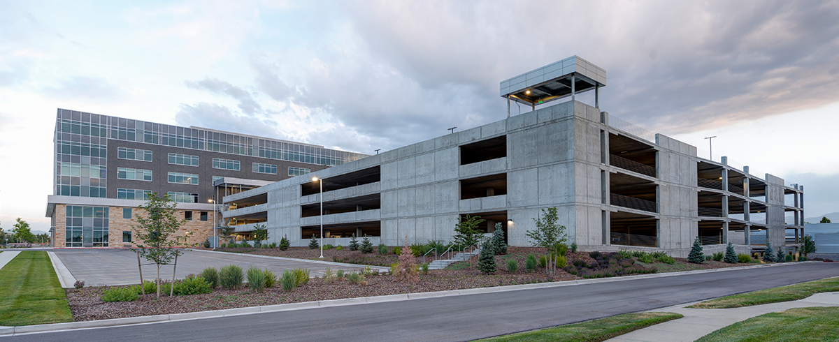 Exterior street view of the parking garage at Center 53