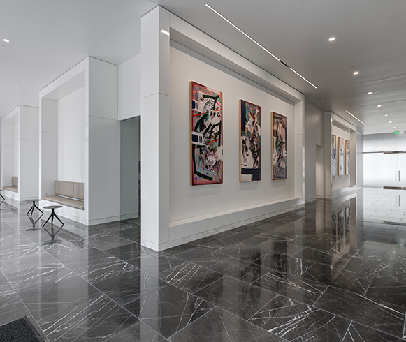 Interior view of hallway with art in 650 Main
