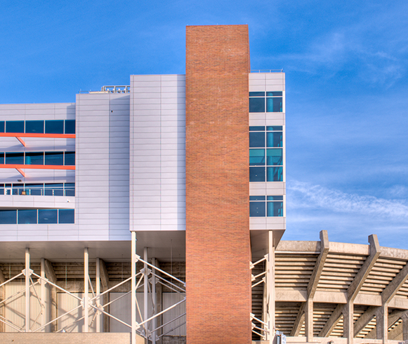 Exterior view of brick pillar at Albertson's Stadium Stueckle Sky Center