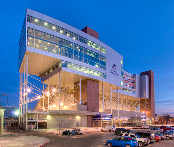 Exterior view of the Albertson's Stadium Stueckle Sky Center parking