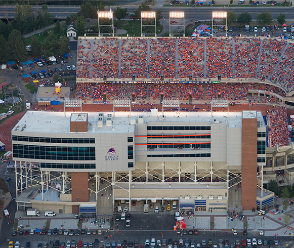Exterior drone view of the Albertson's Stadium Stueckle Sky Center
