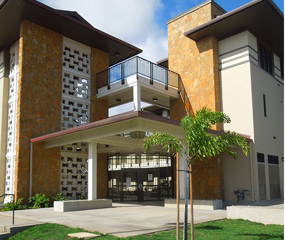 Exterior view of the Student Housing entrance at Brigham Young University