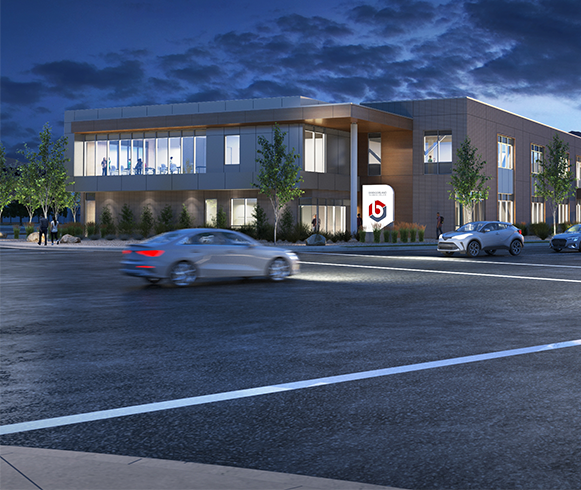 Night time exterior rendering the of Health Sciences Building at Bridgeland Technical College