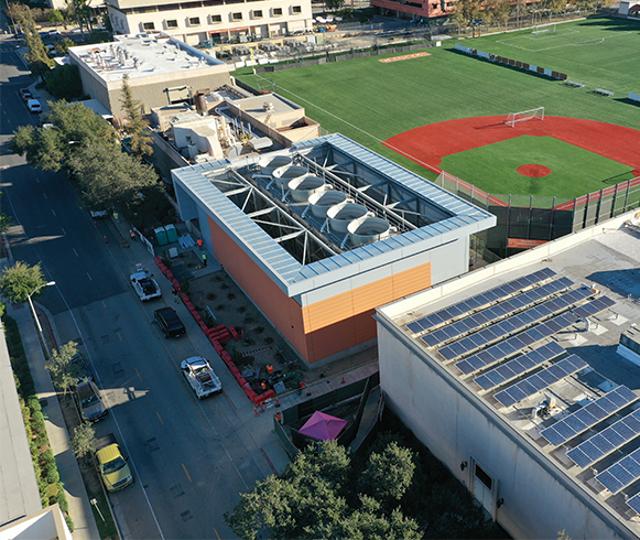 Exterior drone view of the California Institute of Technology Central Utility Plant