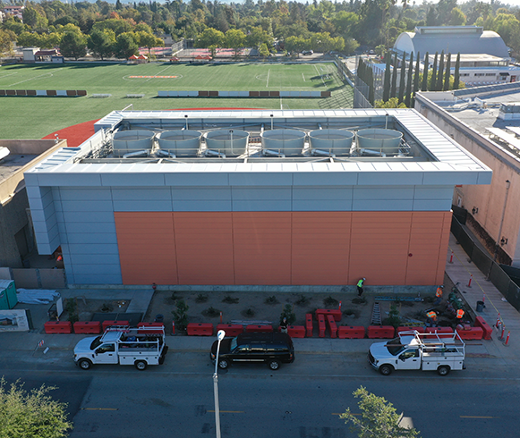 Exterior drone view of the California Institute of Technology Central Utility Plant