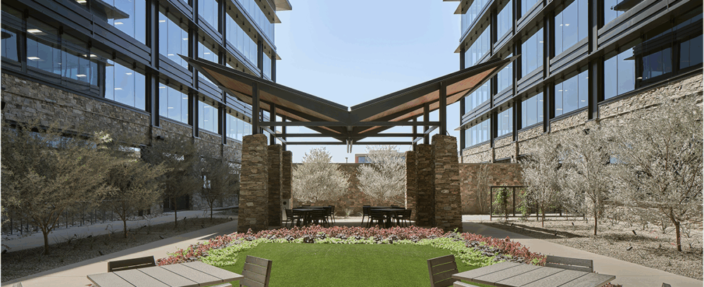 Exterior view of outdoor seating areas at Cavasson East