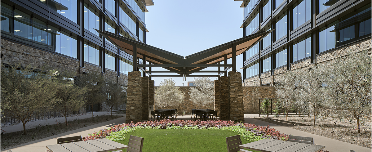 Exterior view of outdoor seating areas at Cavasson East