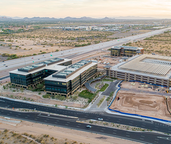Exterior high altitude drone view of the Cavasson East buildings