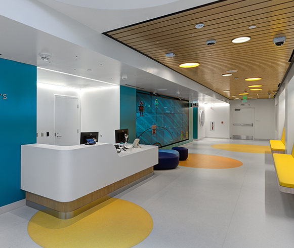 Interior view of the lobby at Cedars-Sinai Medical Center, Guerin Children’s