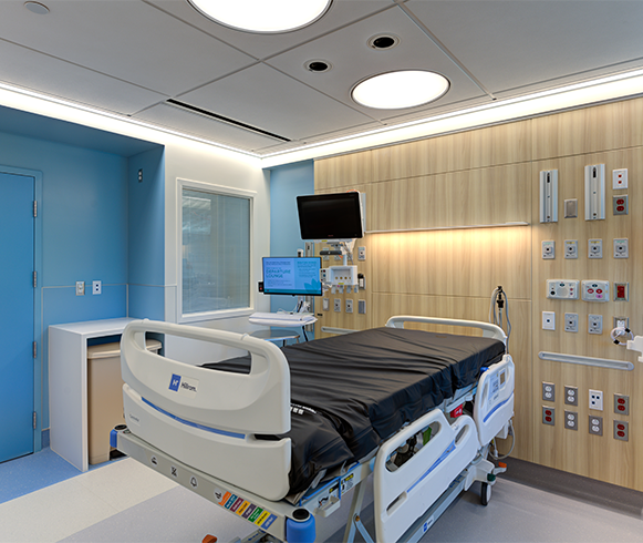 Hospital bed inside Cedars-Sinai Medical Center, Guerin Children’s