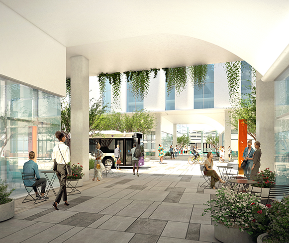 Exterior view of courtyard in the American Groves Senior Living Center