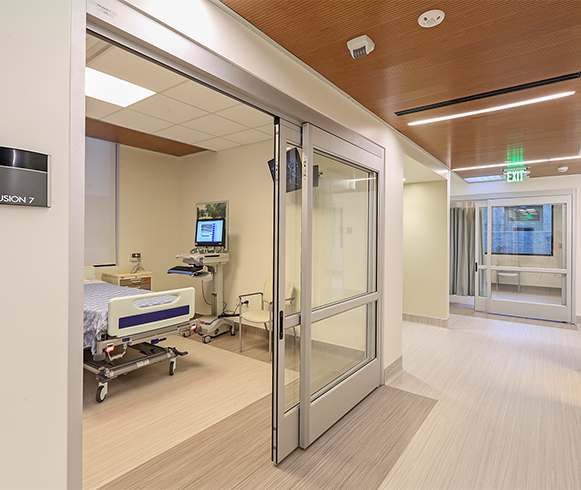 Interior view of patient room inside the City of Hope Center for Clinical Research