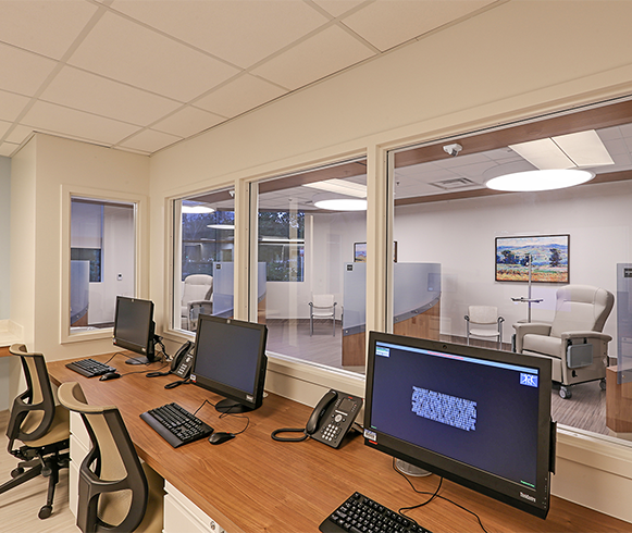 Interior view of workspace inside the City of Hope Center for Clinical Research