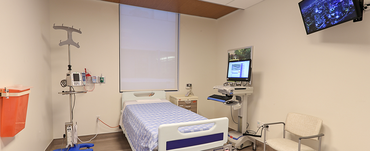 Interior view of hospital bed inside the City of Hope Center for Clinical Research