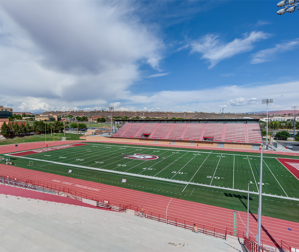 Wide angle view of football field at Greater Zion Stadium at Utah Tech University