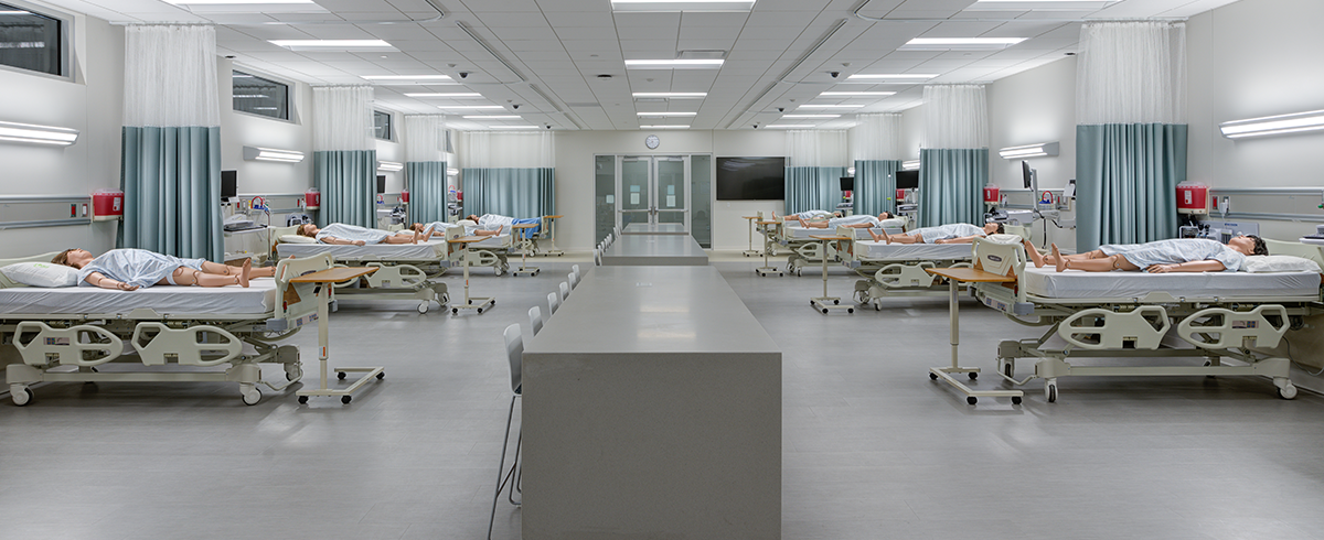 Interior view of patient beds in the Allied Health Building at Davis Technical College