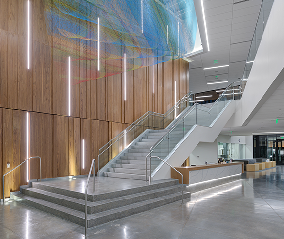 Interior view of staircase in the Allied Health Building at Davis Technical College