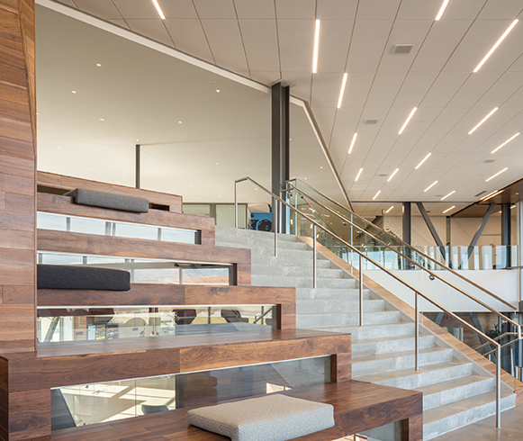 Interior view of staircase with seating in the Dixie Technology College