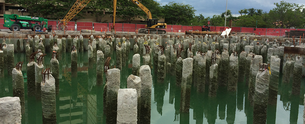 View of concrete pillars at the Faena Forum