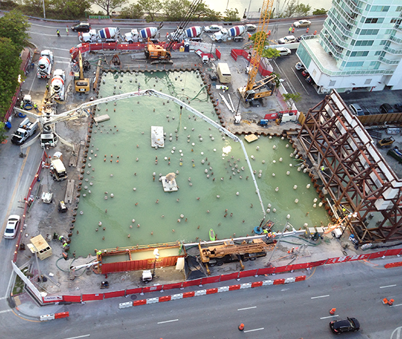 Drone view of construction progression of the Faena Forum