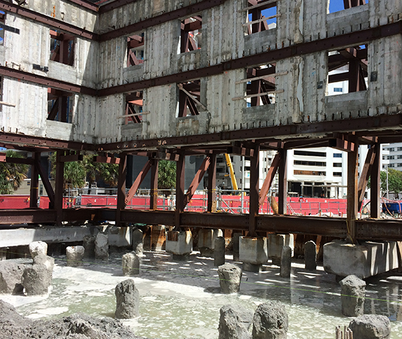 View of construction progress at the Faena Forum