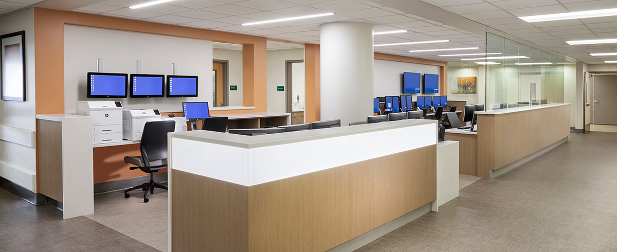 Interior view of nurse station at the Good Samaritan Hospital South Emergency Department
