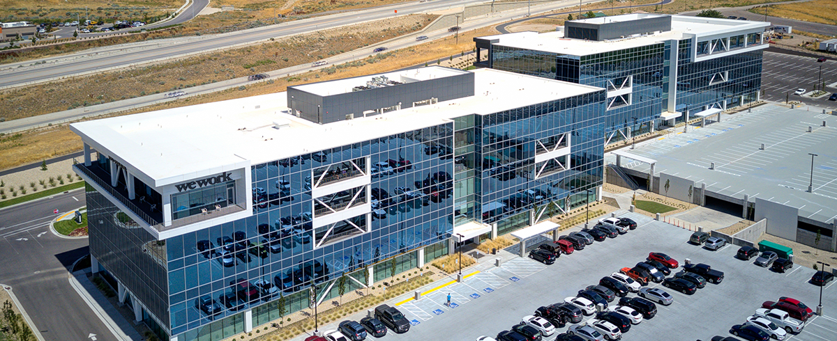 Exterior drone view of parking lot at the Innovation Point Office Campus