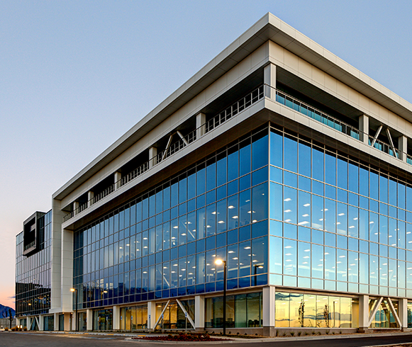 Exterior street view of the corner of the Innovation Point Office Campus