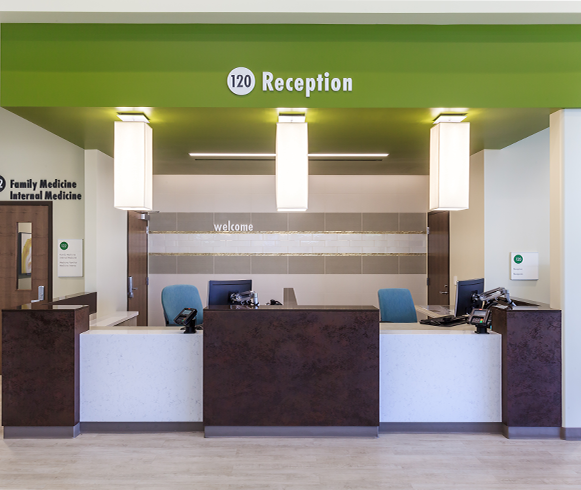 Interior view of reception desks at Kaiser Permanente Temecula MOB