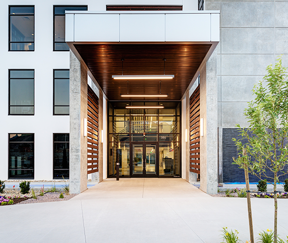 Exterior view of the entrance to the Office Building at Larry H. Miller Auto Campus