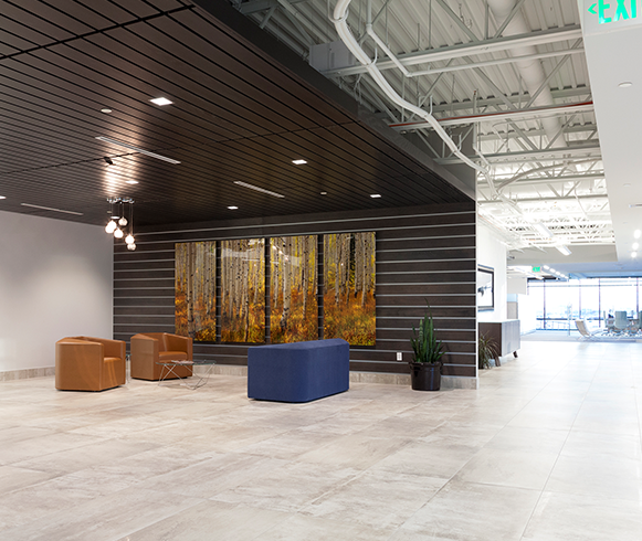 Interior view of seating area inside the Office Building at Larry H. Miller Auto Campus