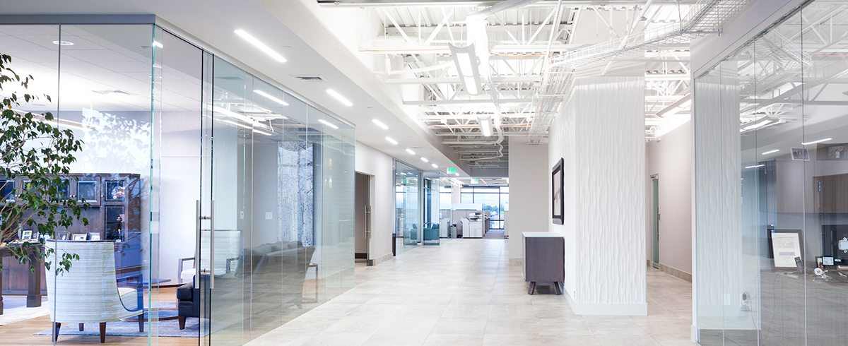 Interior view of hallway inside the Office Building at Larry H. Miller Auto Campus