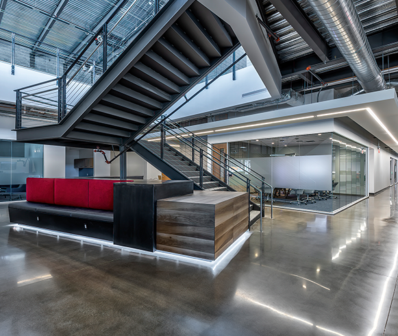 Interior view of lobby and staircase inside Project Lagerhaus