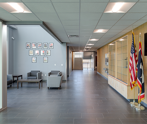 Interior view of hallway in the Laramie Readiness Center