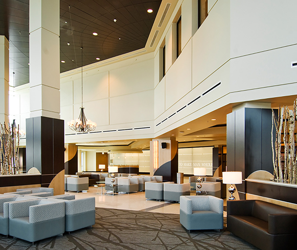 A large seating/waiting area at Loma Linda University Medical Center.