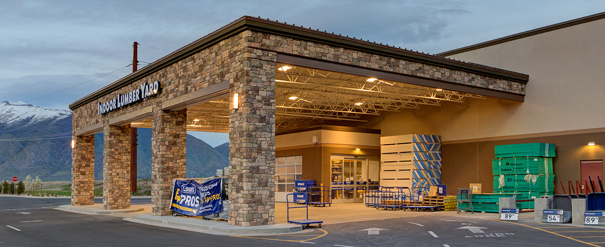 Exterior view of Lowe's indoor lumber yard